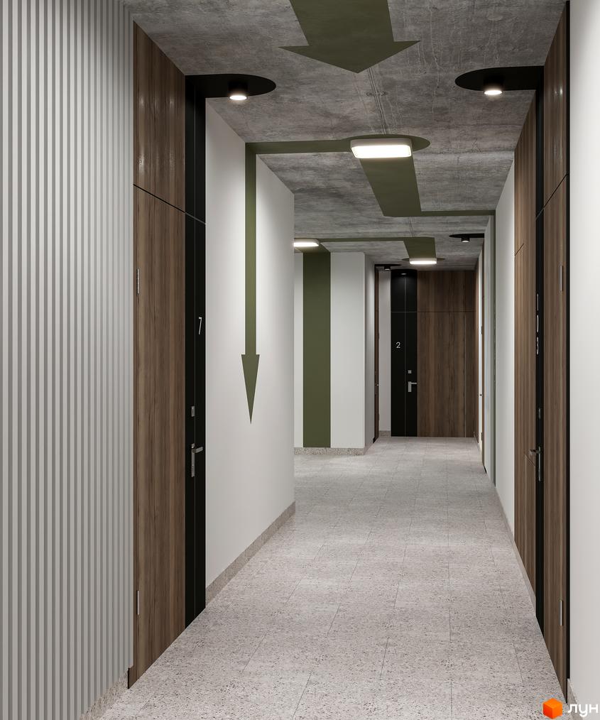 Сучасний коридор з дверима та вказівниками у житловому комплексі HYGGE LUX. Дизайн інтер'єру новобудови.
