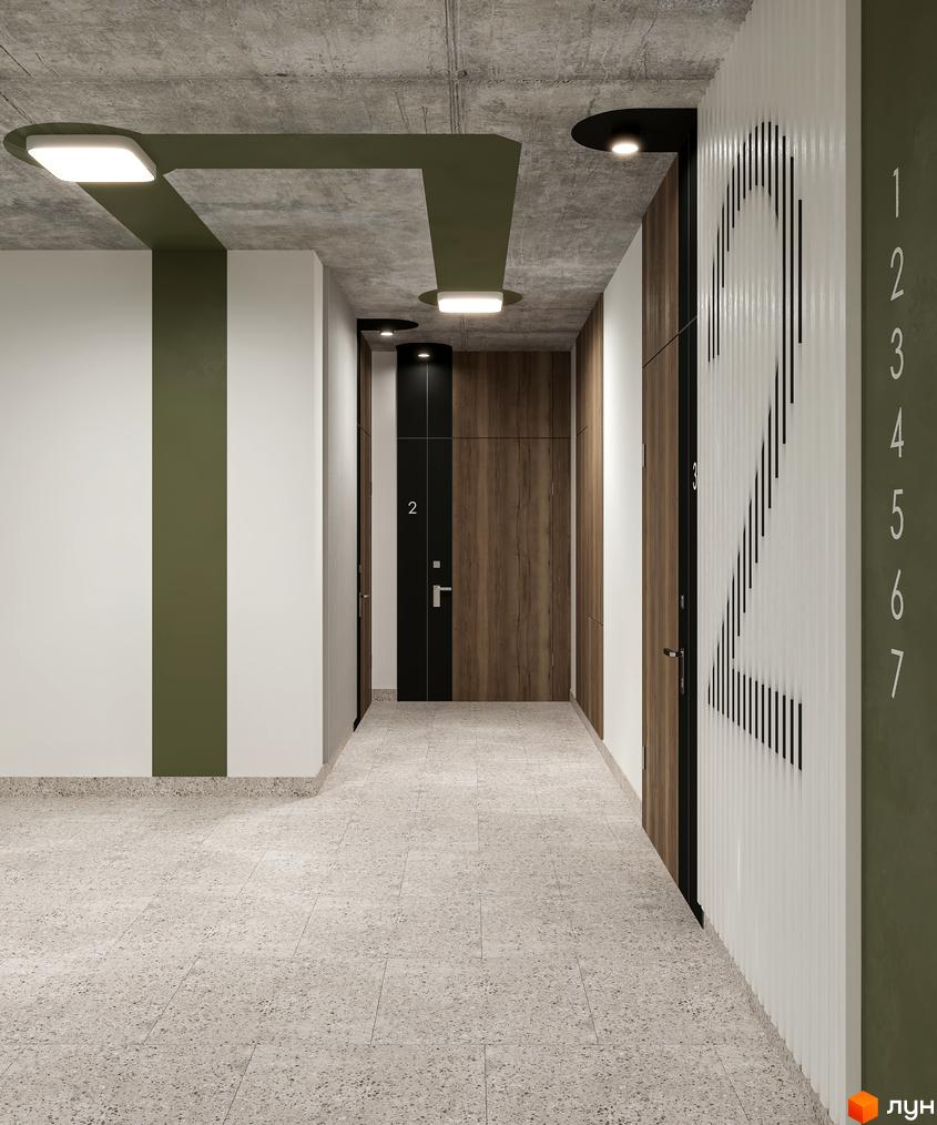 Сучасний коридор новобудови ЖК HYGGE LUX з дерев'яними дверима та нумерацією квартир. Оздоблення стін та підлоги виконано в нейтральних тонах.