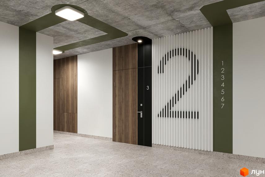 Сучасний коридор житлового комплексу HYGGE LUX з дверима та великою цифрою 2 на стіні.