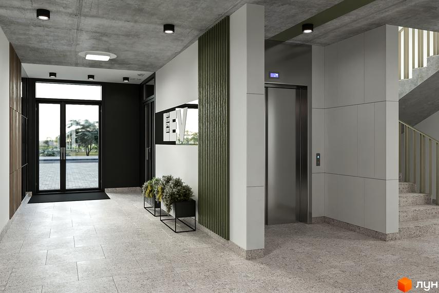 Сучасний хол житлового комплексу HYGGE LUX з ліфтом та сходами. Вхідна група з дверима та вікнами, що виходять на вулицю.