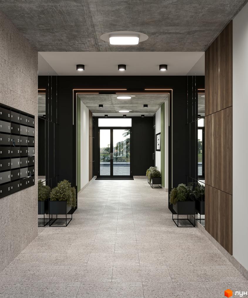 Вхідна група житлового комплексу HYGGE LUX з поштовими скриньками та рослинами у кашпо. Сучасний дизайн холу з бетонними та дерев'яними елементами.