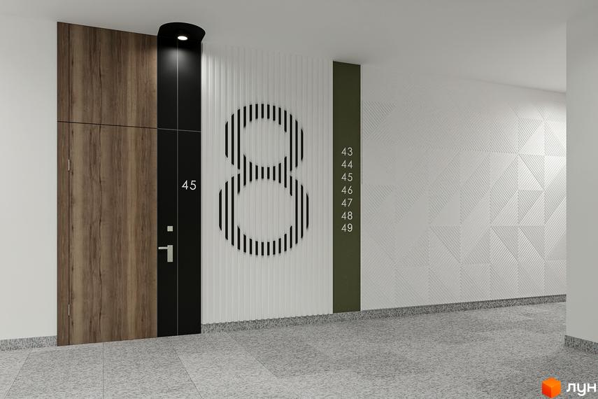 Вхідна група житлового комплексу HYGGE LUX з дверима та нумерацією квартир. На стіні велика цифра 8 та номери квартир 43-49.