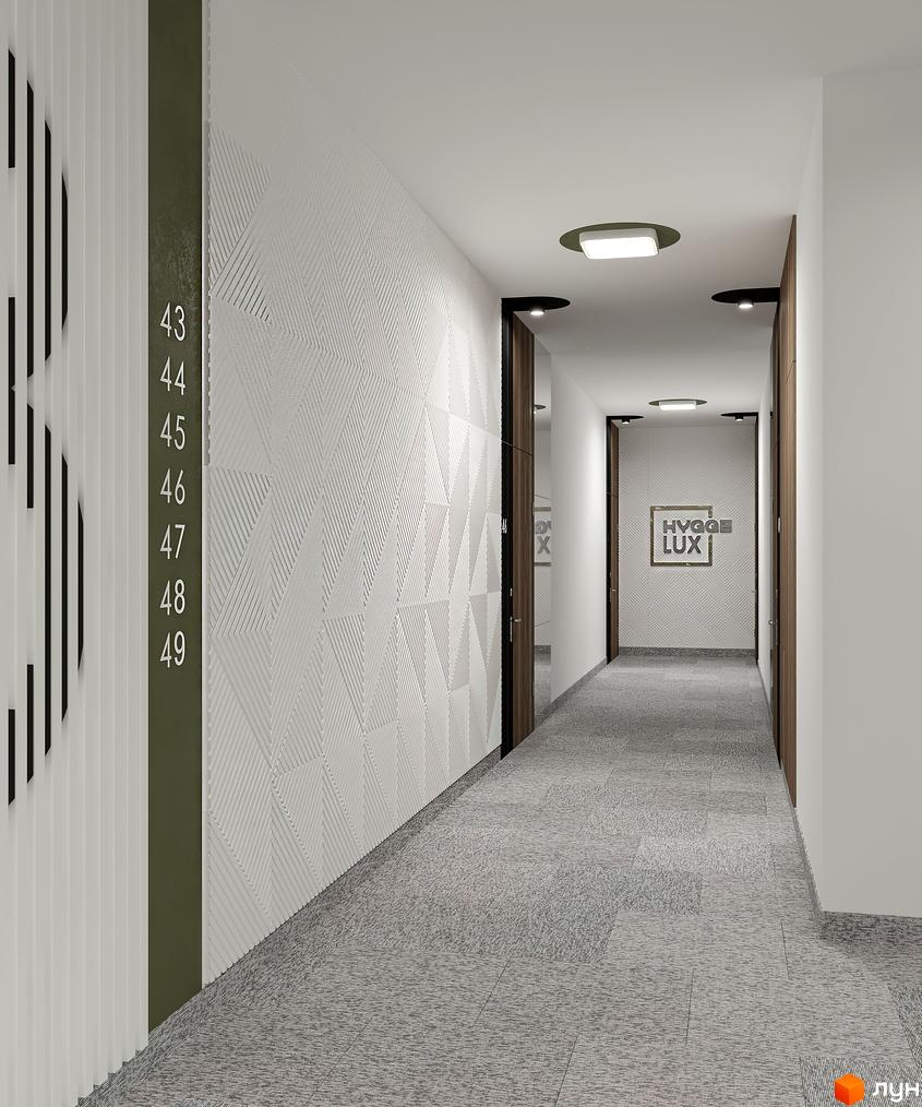 Коридор житлового комплексу HYGGE LUX з номерами квартир на стіні та дверима до квартир. Дизайн інтер'єру виконаний у світлих тонах з геометричними візерунками на стінах.