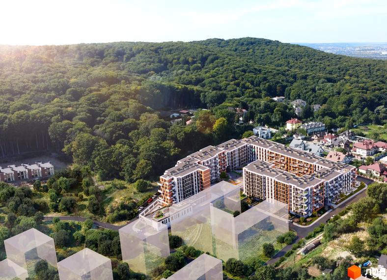 Житловий комплекс PERFECT LIFE складається з багатосекційних будівель з балконами, розташований серед зелених насаджень з видом на ліс.