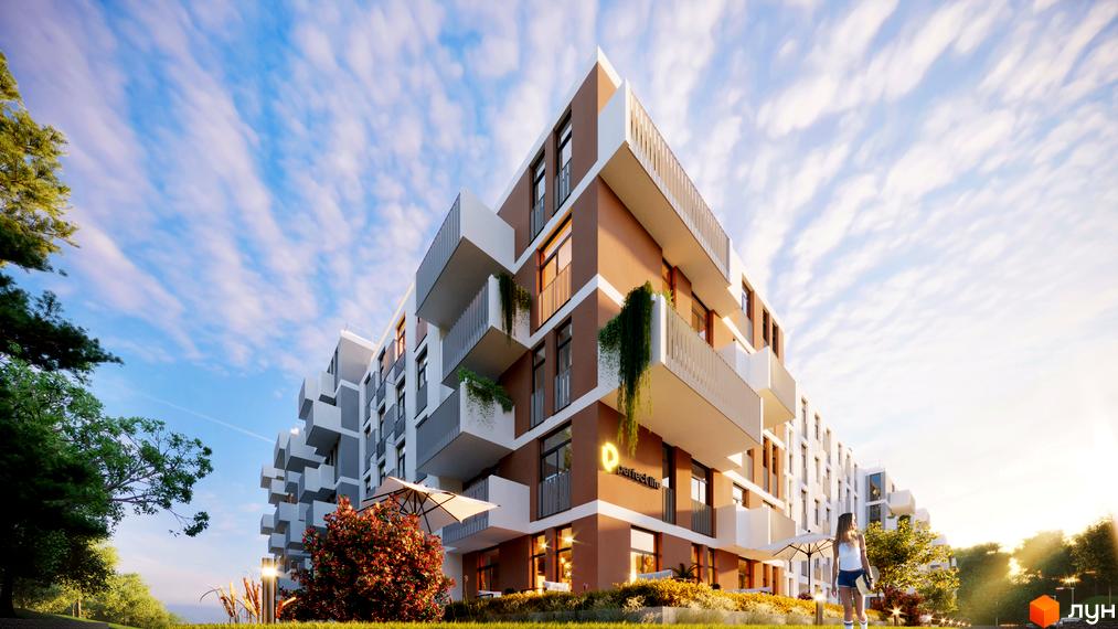 Новобудова PERFECT LIFE з коричневим фасадом, білими балконами та рослинами. Навколо будинку зелені газони, дерева та доріжки.