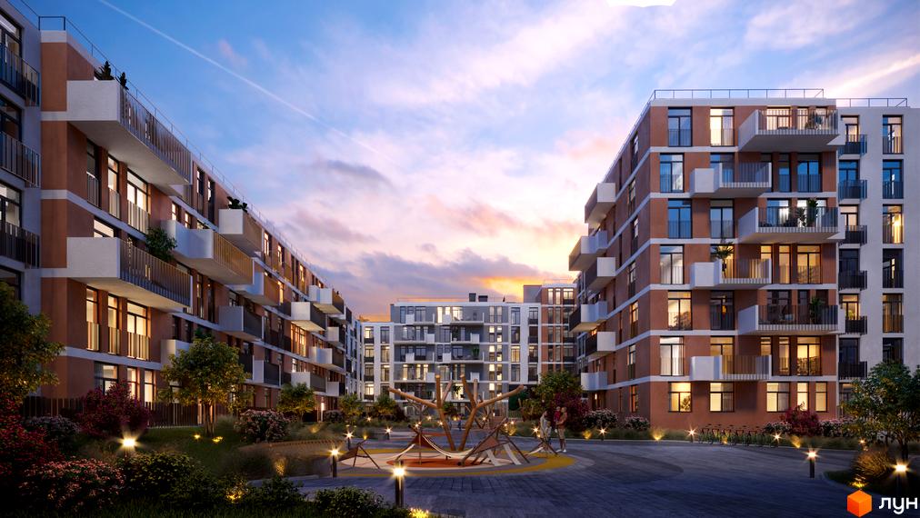 Житловий комплекс PERFECT LIFE: будинки з коричневими фасадами та балконами. Двір з освітленням, зеленню та дитячим майданчиком.