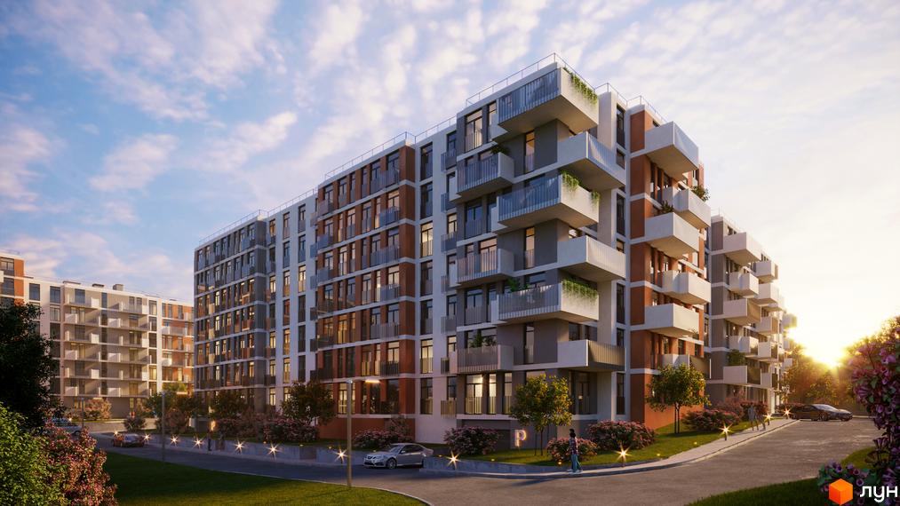 Житловий комплекс PERFECT LIFE з багатоповерховими будинками у світлих та коричневих тонах. Прибудинкова територія має доріжки, зелені насадження та освітлення.