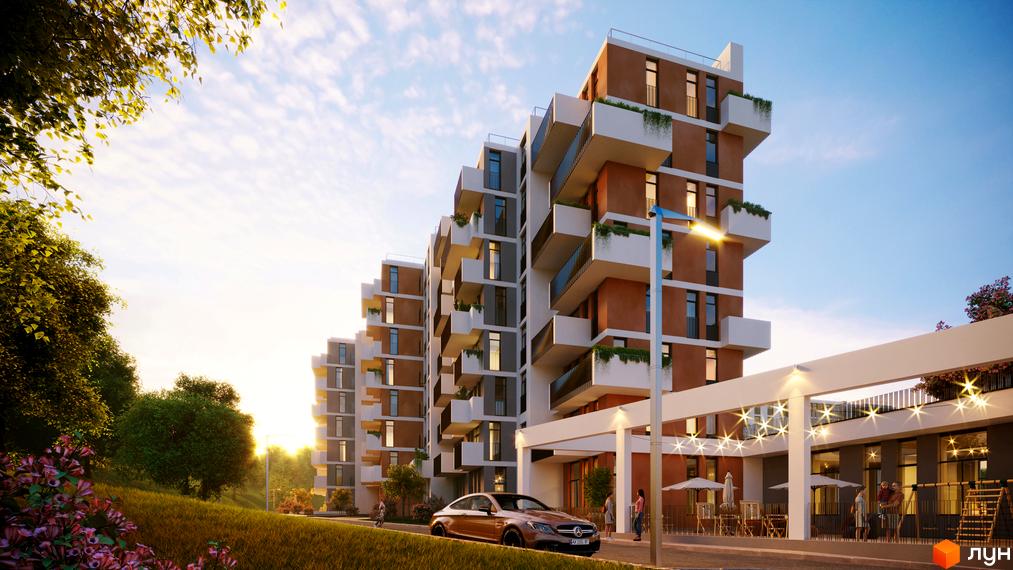 Багатоквартирні будинки Житлового комплексу PERFECT LIFE з теракотовими та сірими фасадами, балконами та зеленню. Навколо дорога, пішохідна зона з кафе та зелений пагорб.