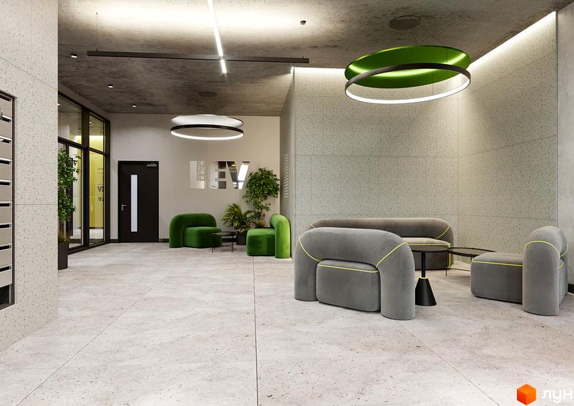 Просторе лобі Житлового комплексу PERFECT LIFE з оригінальним освітленням та зонами відпочинку. Інтер'єр у світлих тонах з зеленими меблями та рослинами.