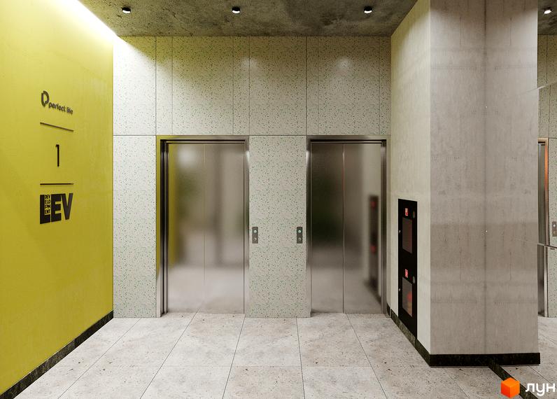 Вхідна група житлового комплексу PERFECT LIFE з дверима ліфтів та оздобленням стін. На стіні є логотип та номер поверху.