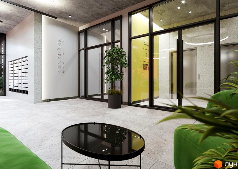 Вхідна група Житлового комплексу PERFECT LIFE з поштовими скриньками, навігаційними знаками та зоною відпочинку.