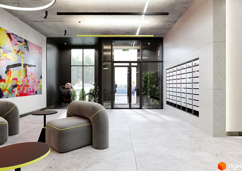 Інтер'єр вестибюлю Житлового комплексу PERFECT LIFE з м'якими меблями, великою картиною та поштовими скриньками. Видно скляний вхід та вікна з видом на вулицю.