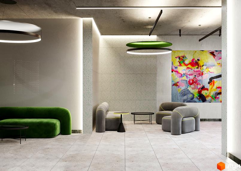 Вестибюль Житлового комплексу PERFECT LIFE: зелений диван, сірі крісла, стіни з вкрапленнями та яскрава абстрактна картина.