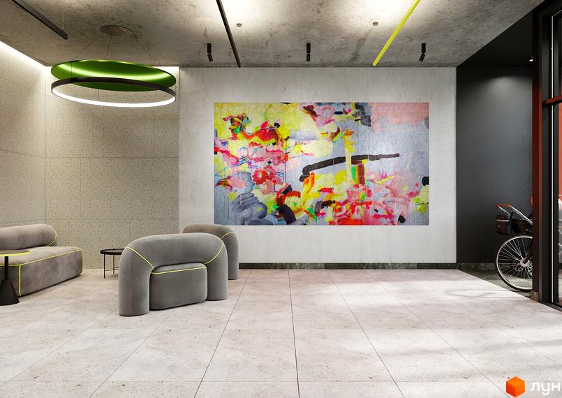 Житловий комплекс PERFECT LIFE: просторий хол з арт-об'єктом та зручними меблями. Навколо - сучасний дизайн та комфорт.