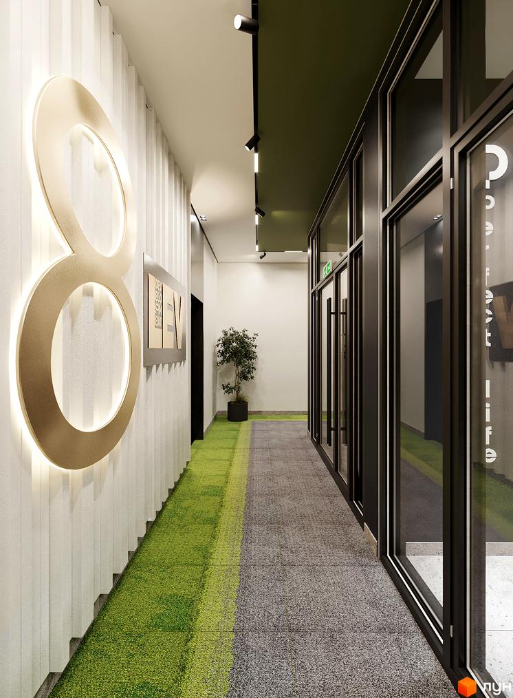 Комплекс PERFECT LIFE: сучасний коридор з великою цифрою 8 на стіні та зеленим килимом. Вікна виходять на зелену зону.