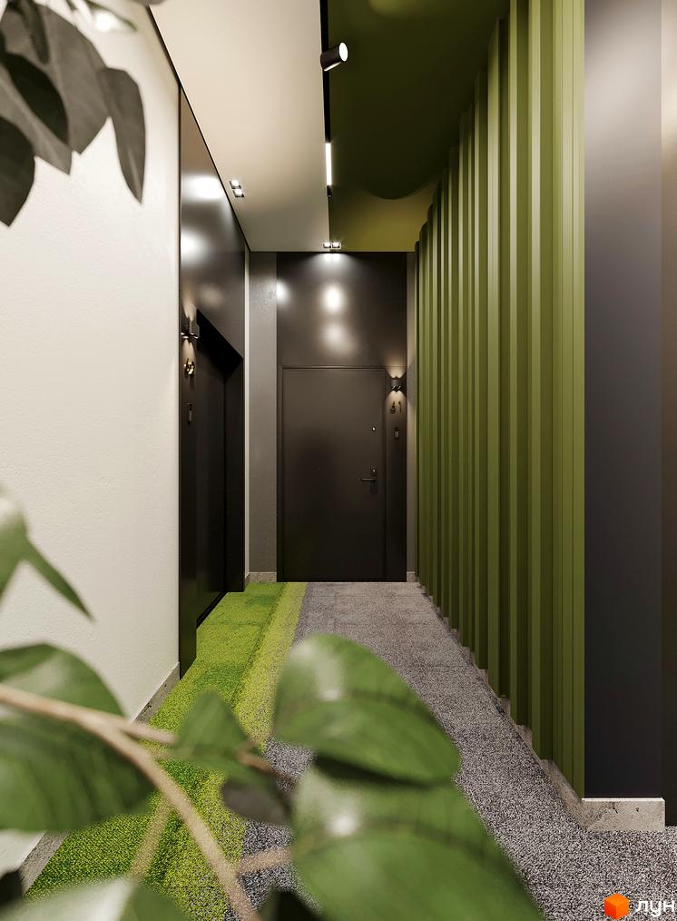 Коридор Житлового комплексу PERFECT LIFE з темно-зеленою ребристою стіною та комбінованим покриттям підлоги: зелена смуга і сірий килим.
