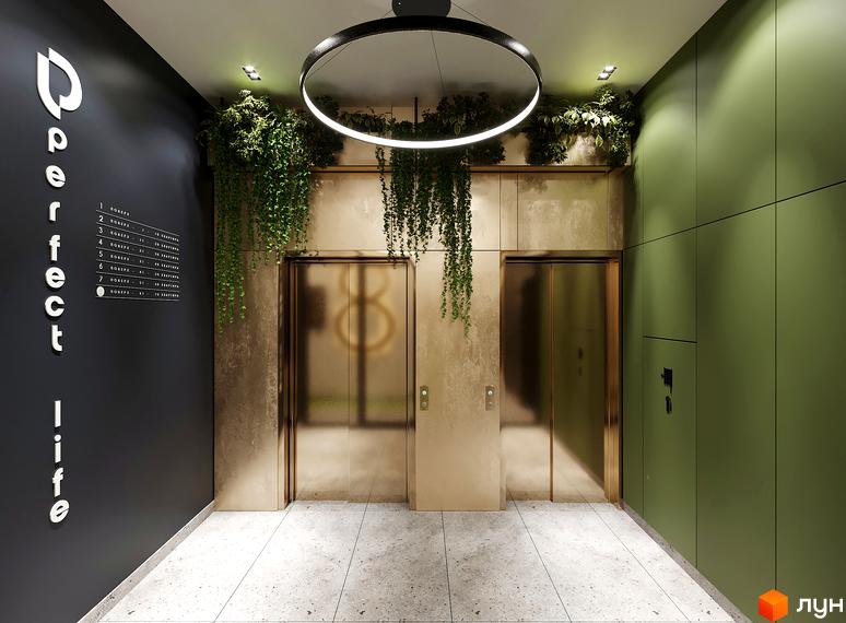 Сучасний вхід у житловий комплекс PERFECT LIFE з двома ліфтами та зеленню. Дизайн інтер'єру підкреслює елегантність та комфорт.