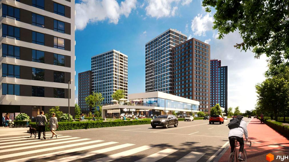 Житловий комплекс Варшавський-3: сучасні багатоповерхові будинки з панорамними вікнами та зеленою прибудинковою територією.