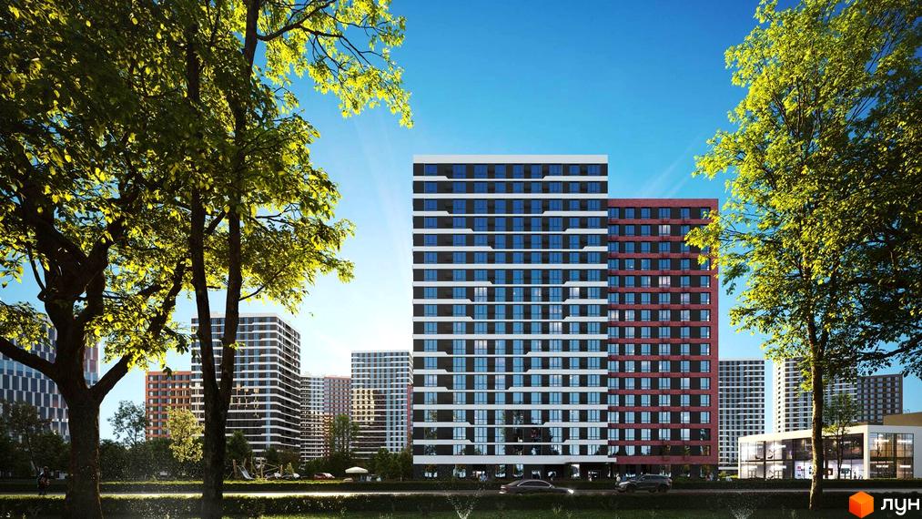 Зовнішній вигляд ЖК Варшавський-3: сучасні багатоповерхові будинки з панорамними вікнами та зелена прибудинкова територія. Комплекс розташований серед дерев під блакитним небом.