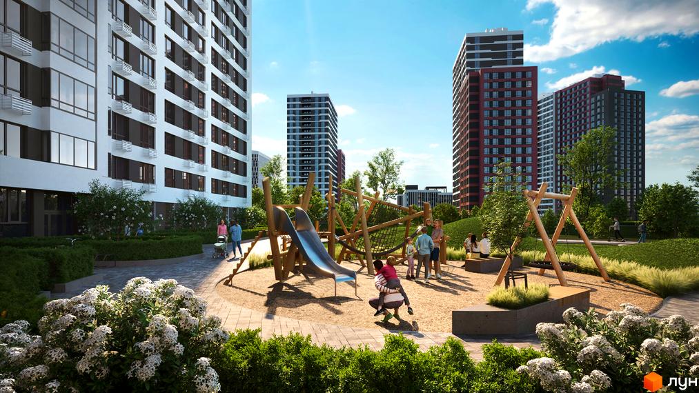 Житловий комплекс Варшавський-3: сучасні багатоповерхові будинки та облаштований дитячий майданчик з гіркою та гойдалками. Прибудинкова територія з зеленими насадженнями та місцями для відпочинку.