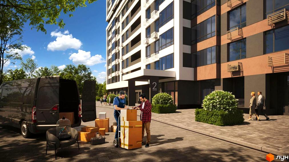 Житловий комплекс Варшавський-3. Зовнішній вигляд будинку з вікнами та балконами, прибудинкова територія з деревами та зоною для розвантаження.