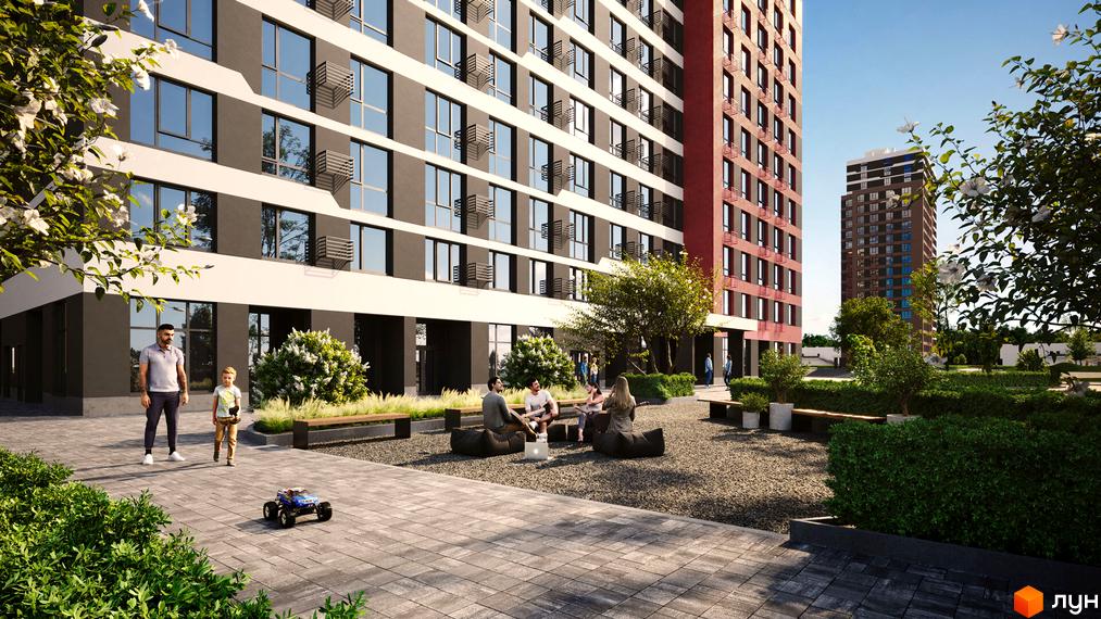 Житловий комплекс Варшавський-3: фасади будівель з панорамними вікнами та затишна прибудинкова територія з місцями для відпочинку.