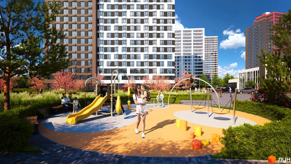 Житловий комплекс Варшавський-3: сучасні багатоповерхові будинки з дитячим майданчиком та зонами відпочинку на прибудинковій території.