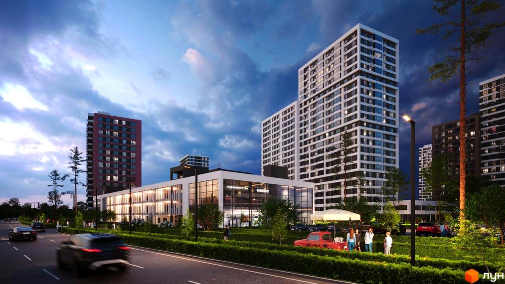 Багатоповерхові будинки ЖК Варшавський-3 з панорамними вікнами та доглянутою прибудинковою територією з зеленими насадженнями та місцями для відпочинку.