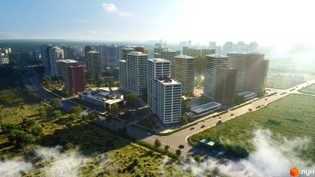 Комплекс Варшавський-3 - це сучасний житловий район з висотними будинками та доглянутою прибудинковою територією. На зображенні видно багатоповерхові будівлі різної архітектури та зелені насадження.