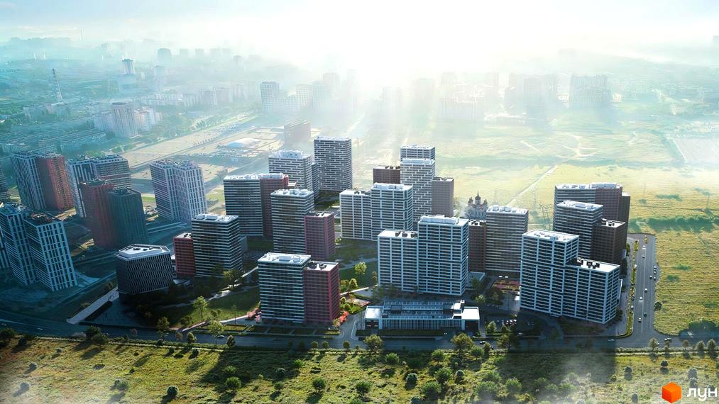 Високі будинки ЖК Варшавський-3 з білими фасадами та червоними вставками, поруч доглянута прибудинкова територія з зеленими насадженнями та дорогою.