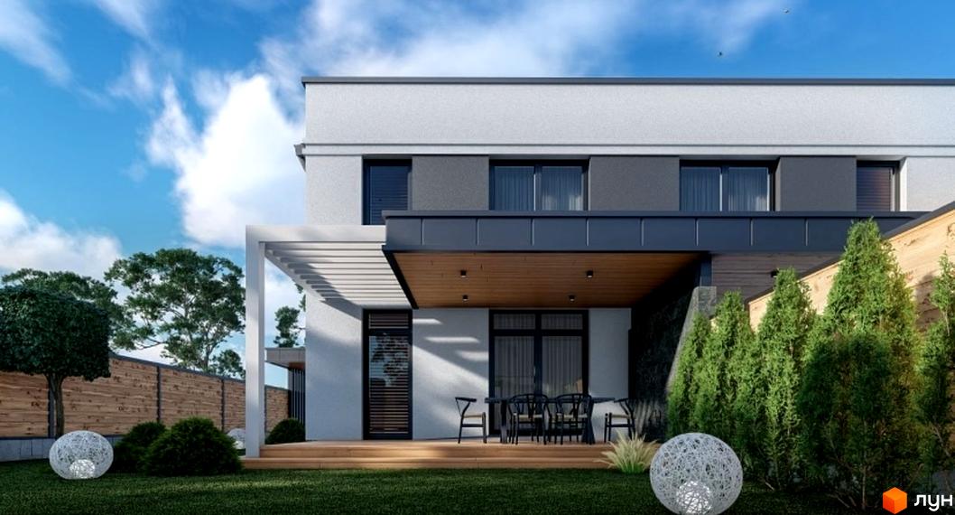 Котеджне містечко Kulbaba Dupleks Sofia: двоповерховий будинок з терасою та великими вікнами, доглянутий газон та зелені насадження навколо.