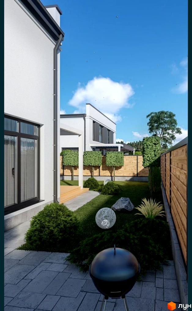 Котеджне містечко Kulbaba Dupleks Sofia: фасад будинку та доглянута прибудинкова територія з газоном, деревами та зоною барбекю.