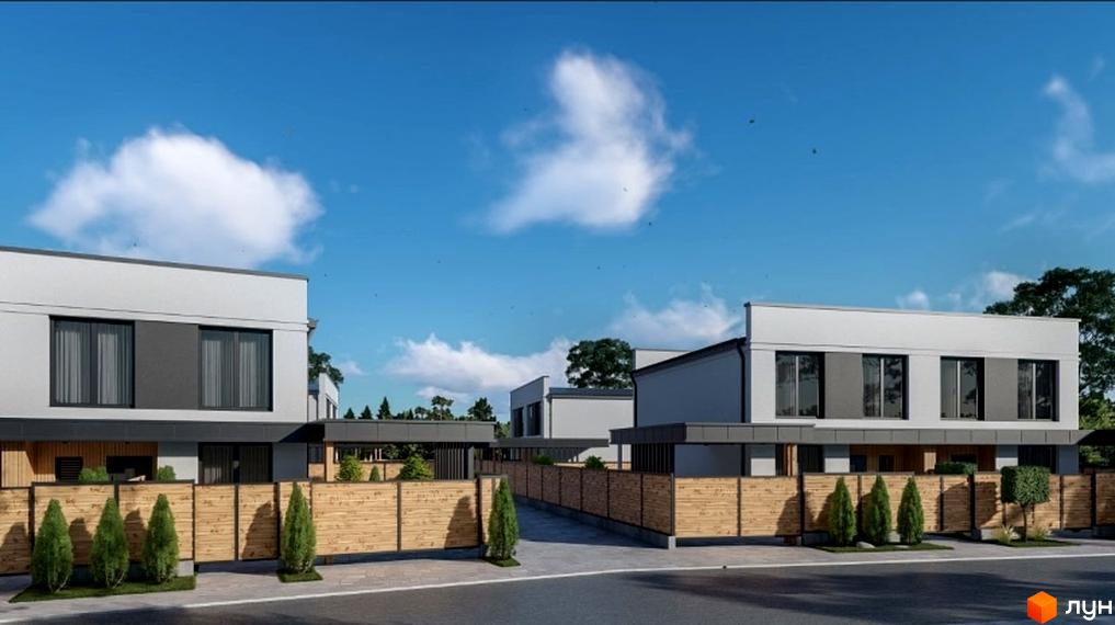 Котеджне містечко Kulbaba Dupleks Sofia. Зовнішній вигляд дуплексів з дерев'яною огорожею та зеленими насадженнями.