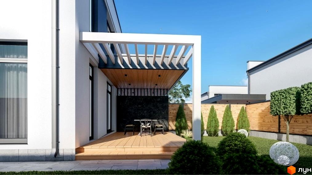 Зовнішній вигляд будинку КМ Kulbaba Dupleks Sofia з терасою та зоною відпочинку. Прибудинкова територія з газоном та декоративними кущами.