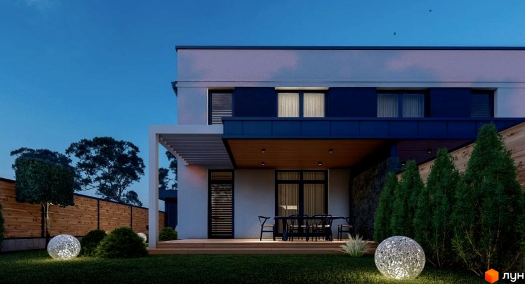 Котеджне містечко КМ Kulbaba Dupleks Sofia. Зовнішній вигляд будинку з терасою та освітленням прибудинкової території з кулястими ліхтарями та туями.