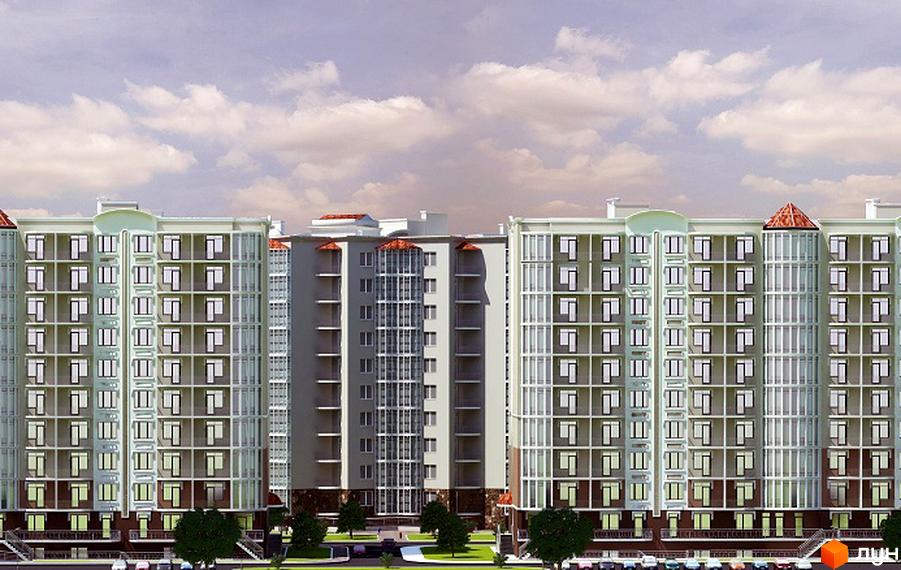 Зовнішній вигляд багатоповерхового будинку в Житловому районі Теплий дім. На передньому плані зелені насадження та припарковані автомобілі.