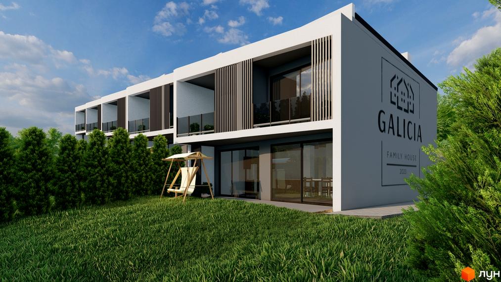 Сучасні таунхауси Galicia Family House з великими вікнами та балконами, оточені зеленню та з зоною відпочинку.
