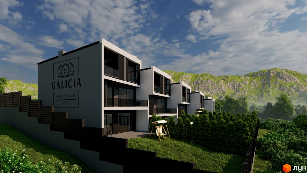 Таунхауси Galicia family house з панорамними вікнами та балконами на тлі зелених гір. Прибудинкова територія з газоном та деревами.
