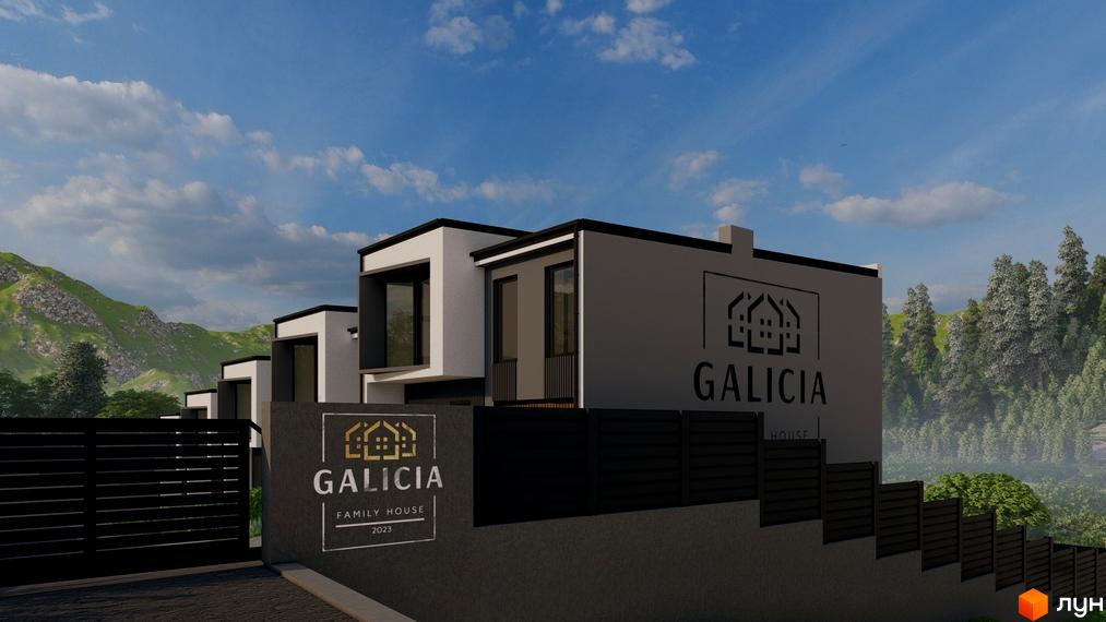 Таунхауси Galicia family house з великими вікнами та балконами, розташовані на фоні гір та лісу. Перед будинками огороджена територія з парканом.