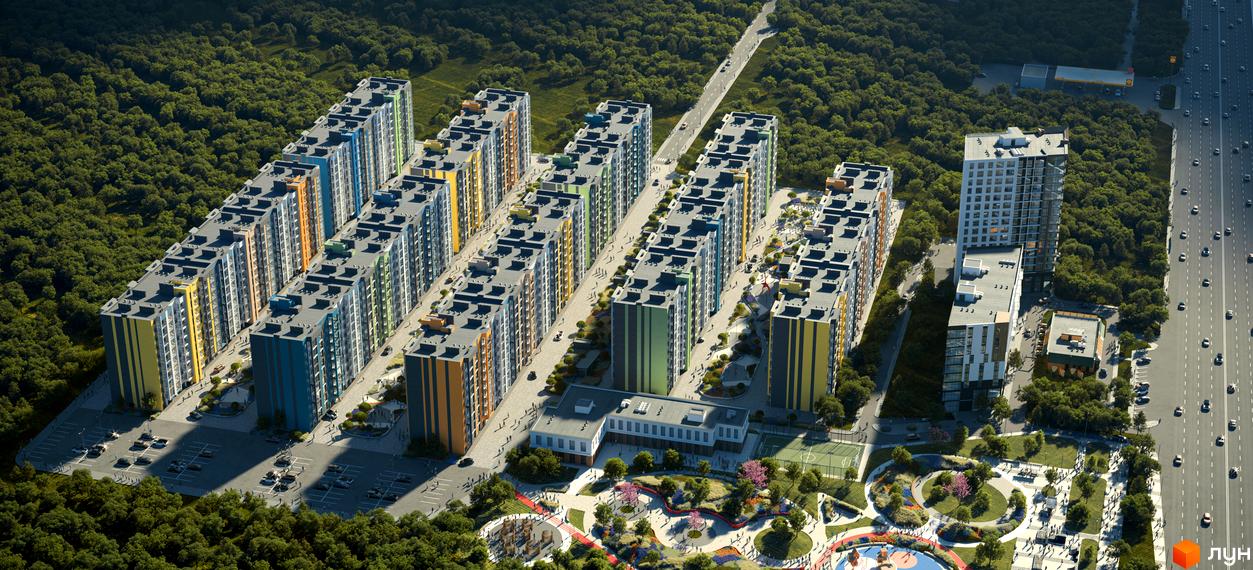 Житловий комплекс Щасливий у Дніпрі: багатоповерхові будинки різнокольорових фасадів та упорядкована прибудинкова територія з парком та спортивними майданчиками.