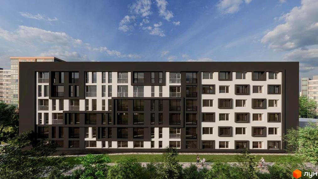 Апарт-простір Golden Space з біло-чорним фасадом та великою кількістю вікон. Навколо будинку зелена зона з деревами та людьми, що гуляють.