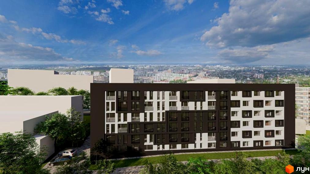 Апарт-простір Golden Space – це сучасна новобудова з фасадом у чорно-білих тонах. Навколо будинку розташована зелена прибудинкова територія з деревами та парковкою.