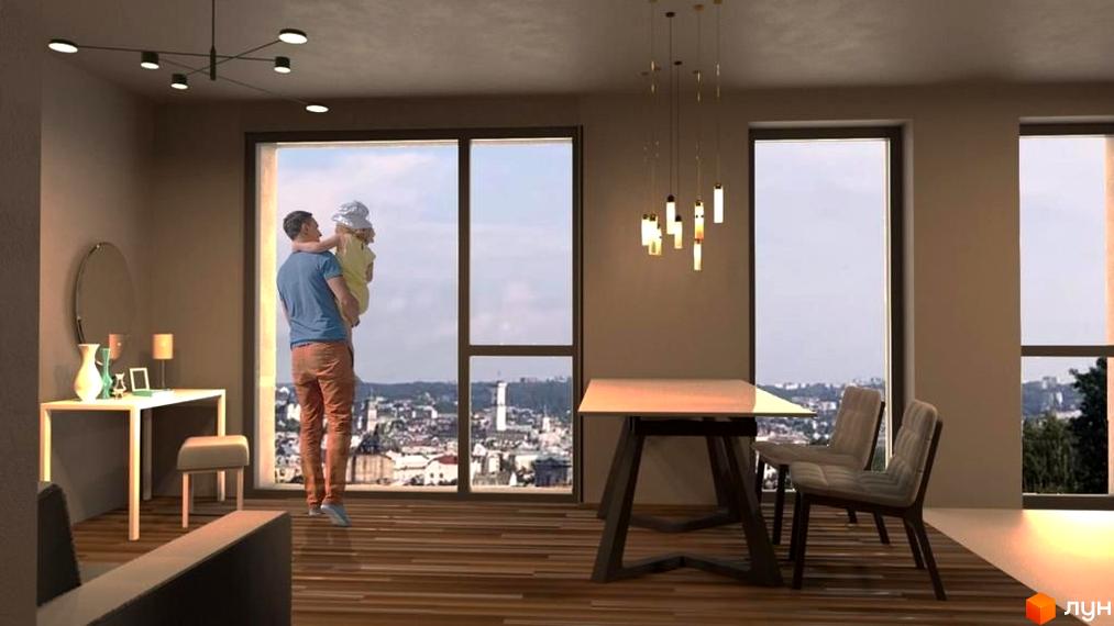 Апарт-простір Golden Space: світлий інтер'єр з панорамними вікнами та видом на місто. Батько тримає дитину на руках біля вікна.