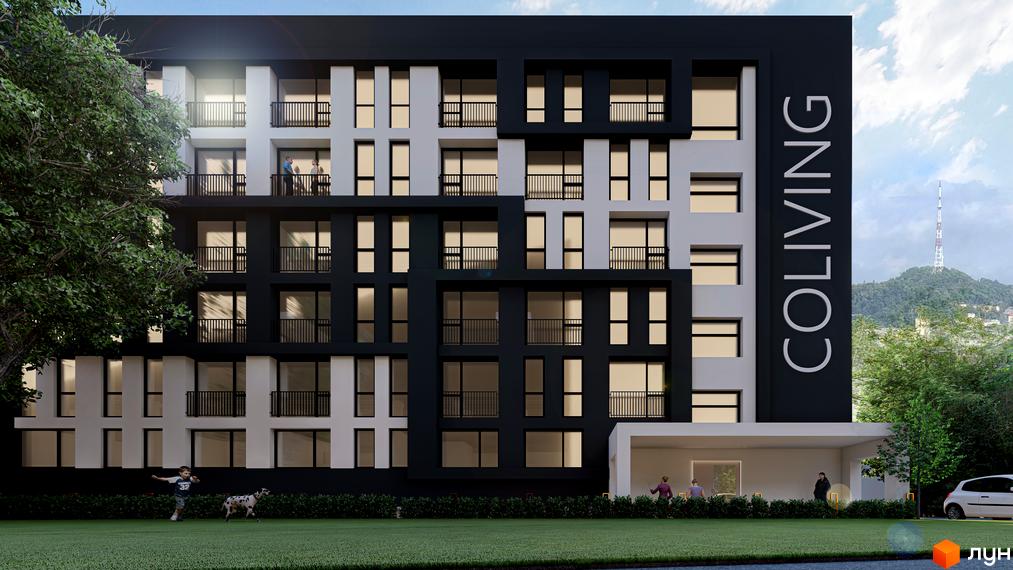 Апарт-простір Golden Space – це сучасна новобудова з елегантним фасадом та просторою прибудинковою територією з зеленим газоном та деревами.