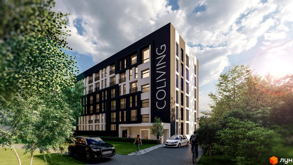 Апарт-простір Golden Space - це багатоповерхова новобудова з темним та світлим фасадом, розташована біля зеленої зони з деревами та дорогою з автомобілями.