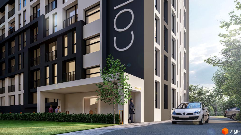 Golden Space апарт-простір з фасадом у чорно-білих тонах та балконами, перед яким розташований зелений газон та авто.