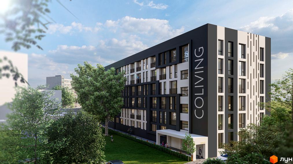 Апарт-простір Golden Space – це сучасна новобудова з контрастним фасадом та великою кількістю вікон. На прибудинковій території розташований зелений газон та дерева.