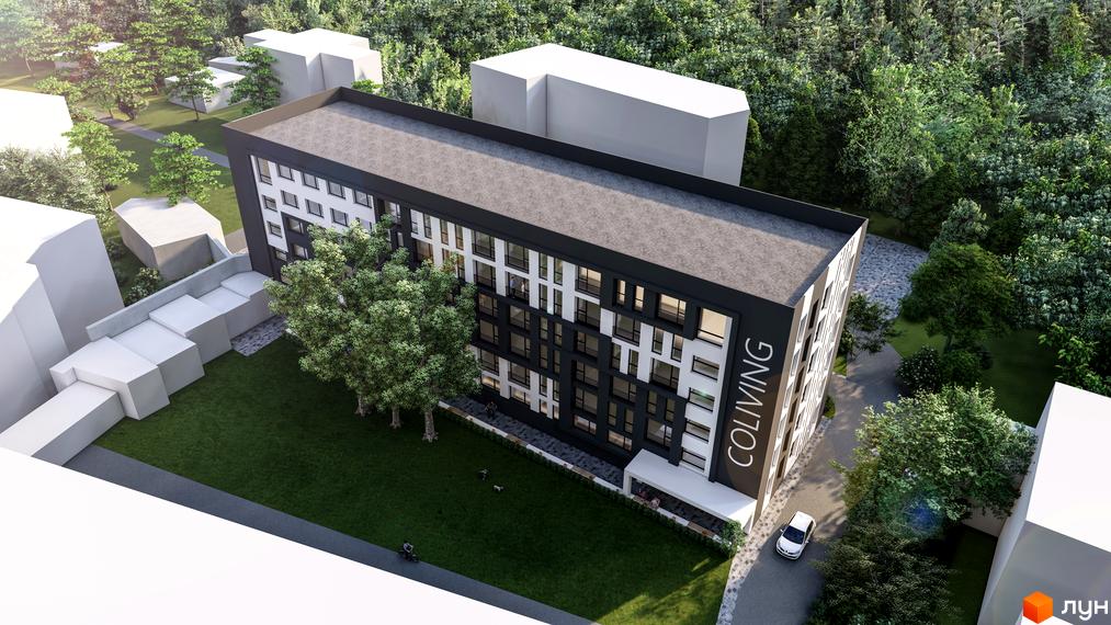 Апарт-простір Golden Space – це новий житловий комплекс з чорно-білим фасадом та балконами, розташований серед зелених дерев.