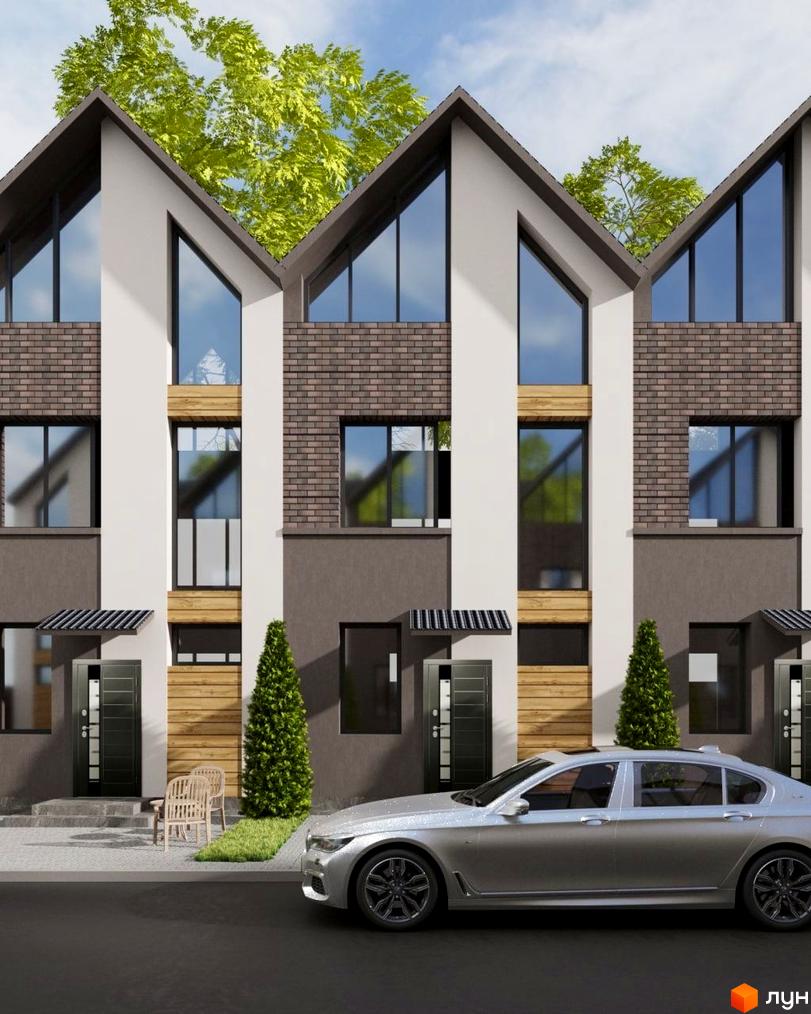 Триповерхові таунхауси з великими вікнами та терасами, прикрашені деревом та цеглою. На території є зелені насадження та місце для відпочинку.