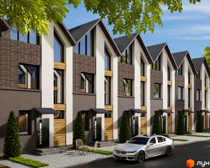 Таунхауси «Гармонія-6» з цегляним фасадом та великими вікнами. Перед будинками розташована доглянута прибудинкова територія з деревами та автомобілем.